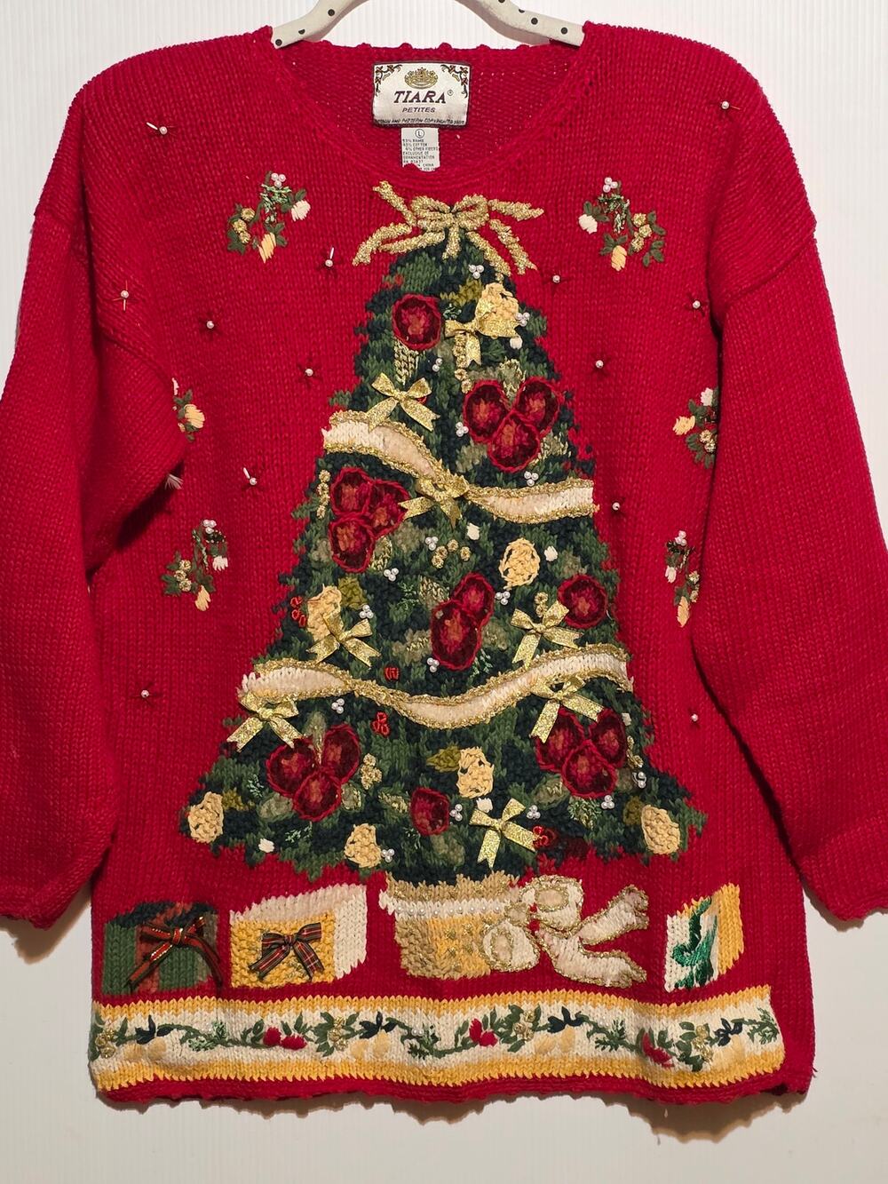 Tiara Petites Large Red Christmas Tree Sweater Embellished Vintage Holiday Knit